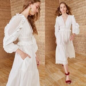 ULLA JOHNSON Sheila Embroidered Ruffled Lace Midi Dress in Pristine White